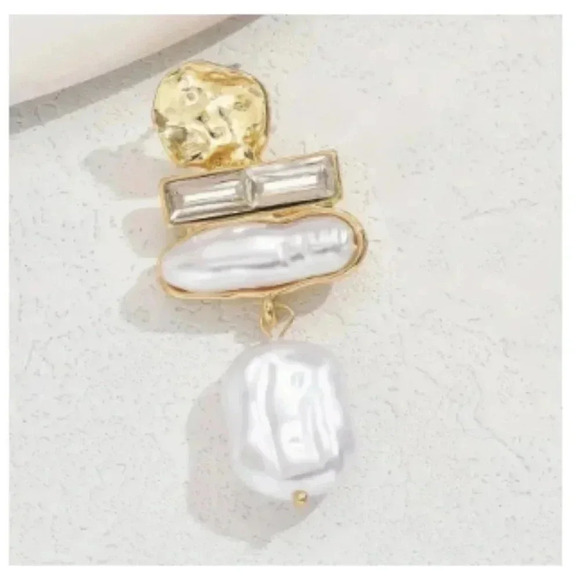 Gold Tone Earrings - Faux Pearl & Rhinestone Accents - Stud Style with Drop - Picture 3 of 4